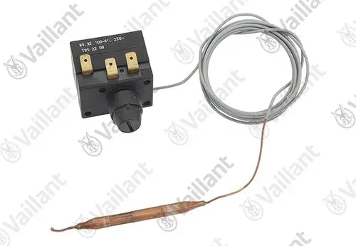 Vaillant Sicherheitstemperaturbegrenzer mit einem Drehknopf, mehreren Anschlussklemmen und einem angeschlossenen Temperaturfühler auf einem grauen Kabel.